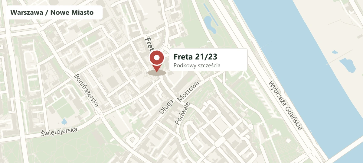 Mapa warszawskiego Nowego Miasta ze znacznikiem pracowni przy ulicy Freta 21/23.